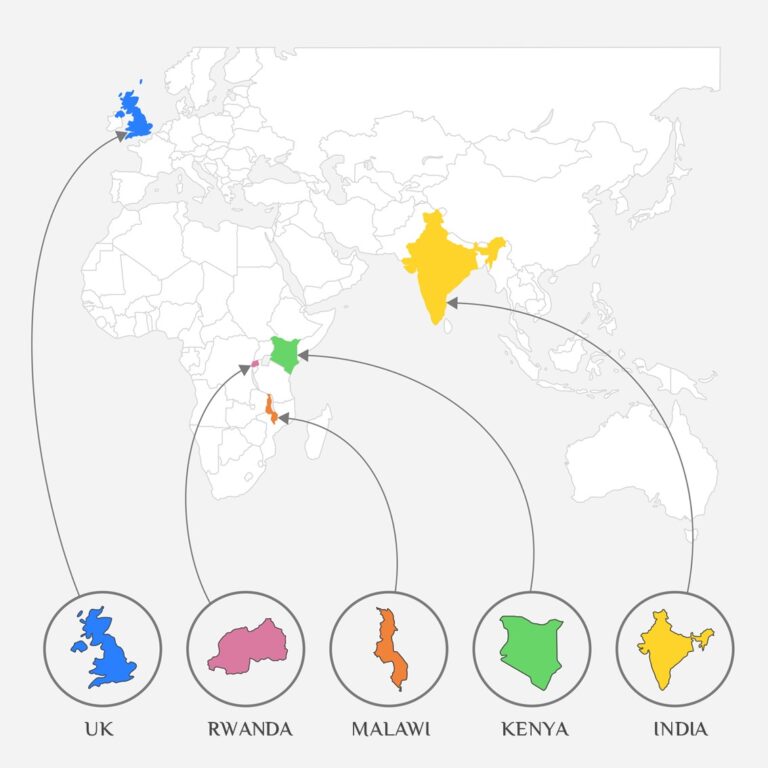 An map highlighting the charity's countries of operation: the UK, Rwanda, Malawi, Kenya and India